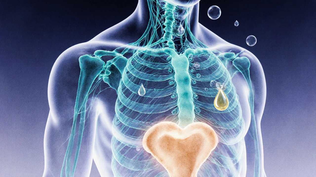 Abstraktní zobrazení nervové soustavy muže s jemnými světelnými toky.