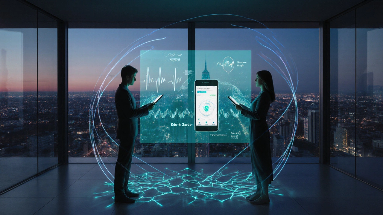 Futuristické SPA s holografickým rozhraním, pár drží smartphone, světelné vlny synchronizují hudbu.