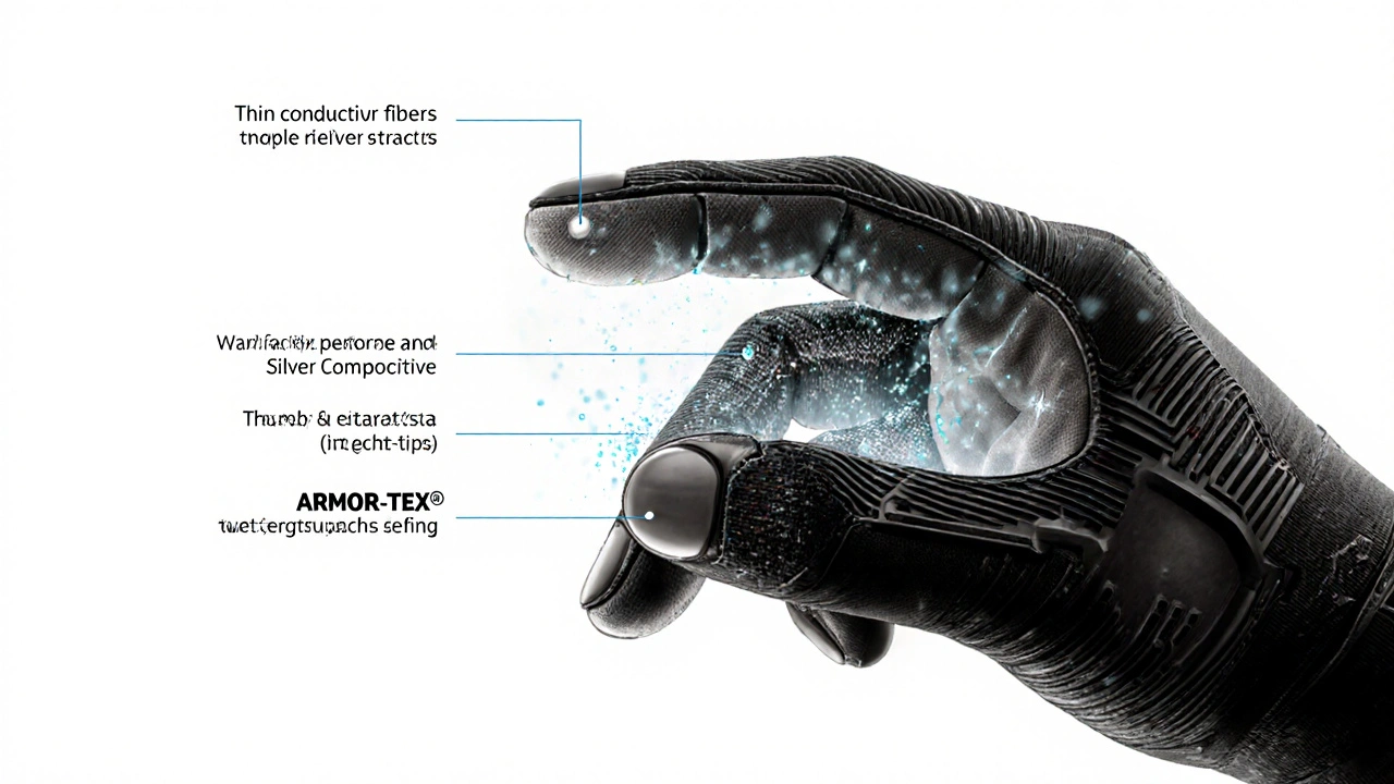 Průřez dotekové rukavice s viditelnými vodivými vlákny přenášejícími náboj na displej.