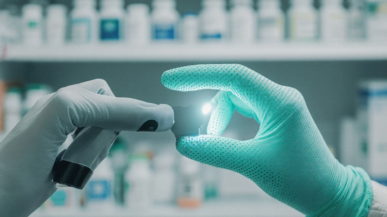 Rukavice s nitrilovými terčíky přesně dotýkají malého lékařského zařízení.