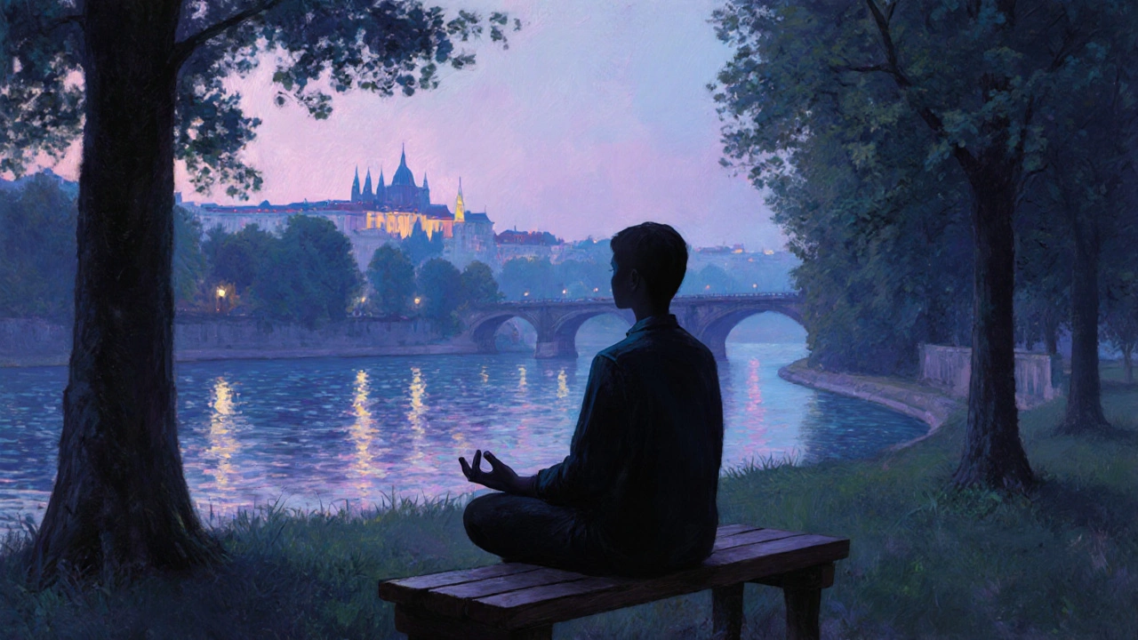 Silhouette na lavičce v Letenském parku při soumraku, dýchající a meditující nad Vltavou.