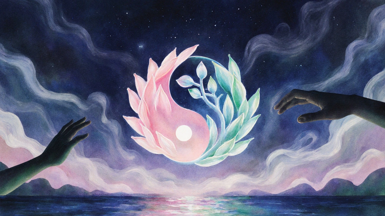 Surrealistická vodováha zobrazující svaté spojení s energií yin‑yang.