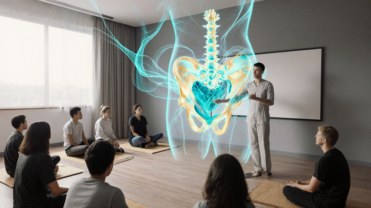 Třída Body Electric School s holografickým modelem pánve a vizualizací energie.