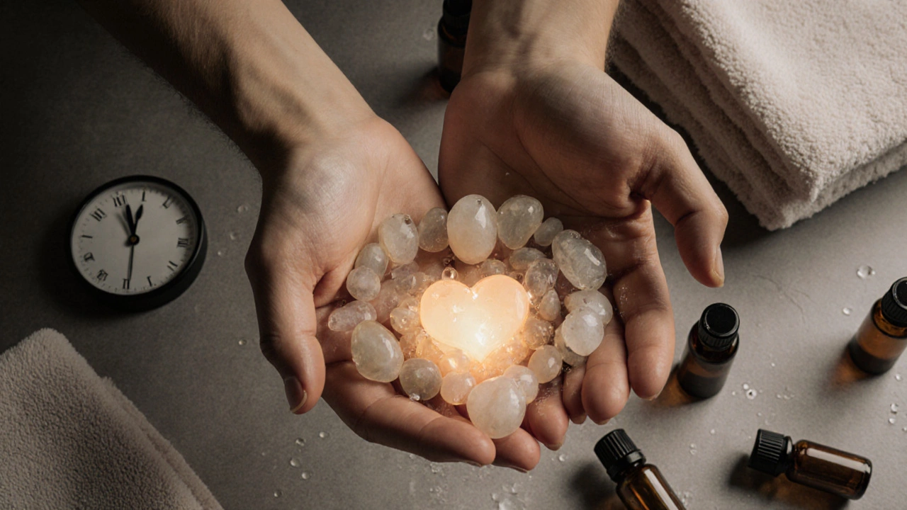 Dvě ruce se překrývají nad symbolickým srdcem, kolem nich oleje, ručníky a hodiny ukazující čas.