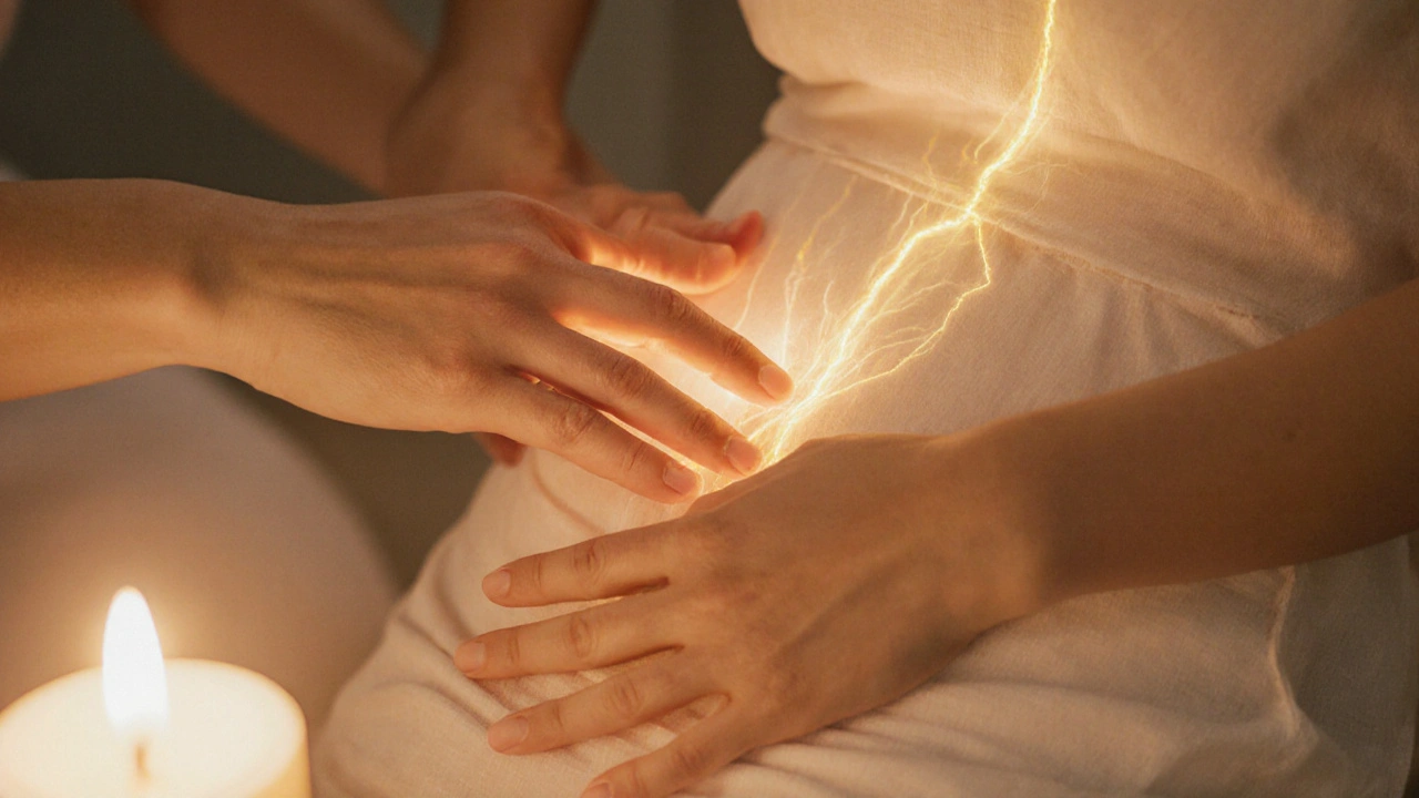 Dvě ruce v kontaktu na břiše, symbolizující sdílené dýchání a energetické spojení.