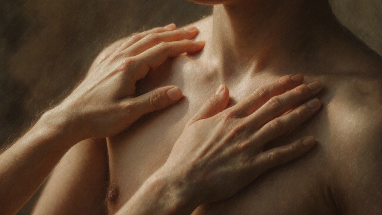 Dvě ruce v synchronizovaném pohybu na těle, v tichém kontaktu, který přenáší klid a přítomnost.