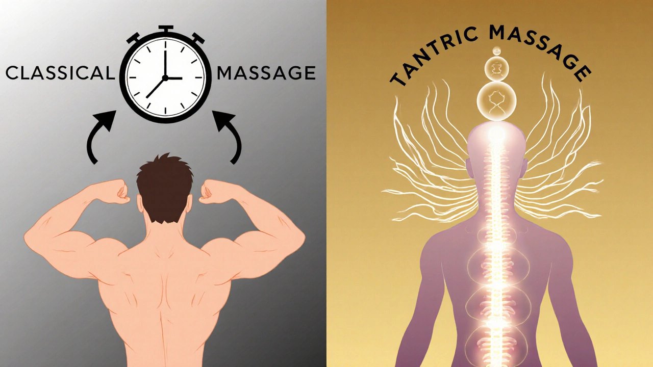 Konceptuální obrázek porovnávající klasickou a tantrickou masáž pomocí symbolů a energie.