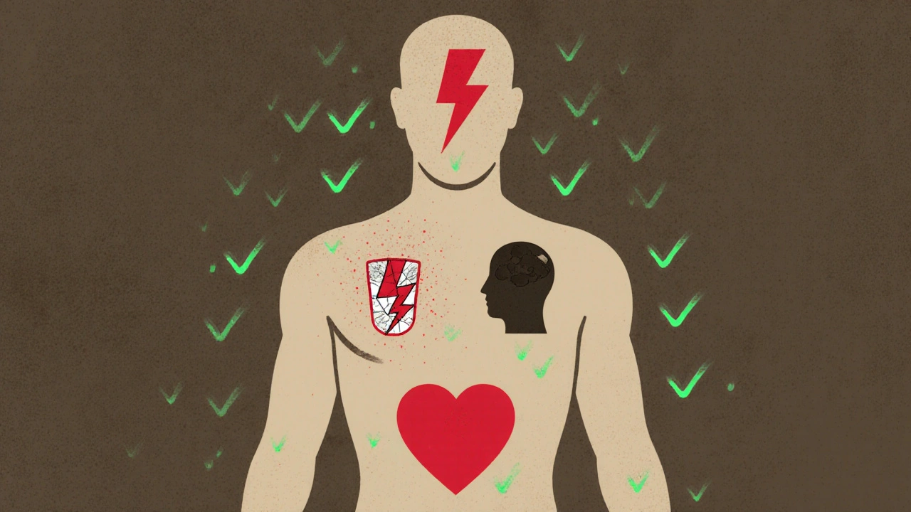 Kontur lidského těla s červenými varovnými symboly nad nebezpečnými oblastmi, bez textu.