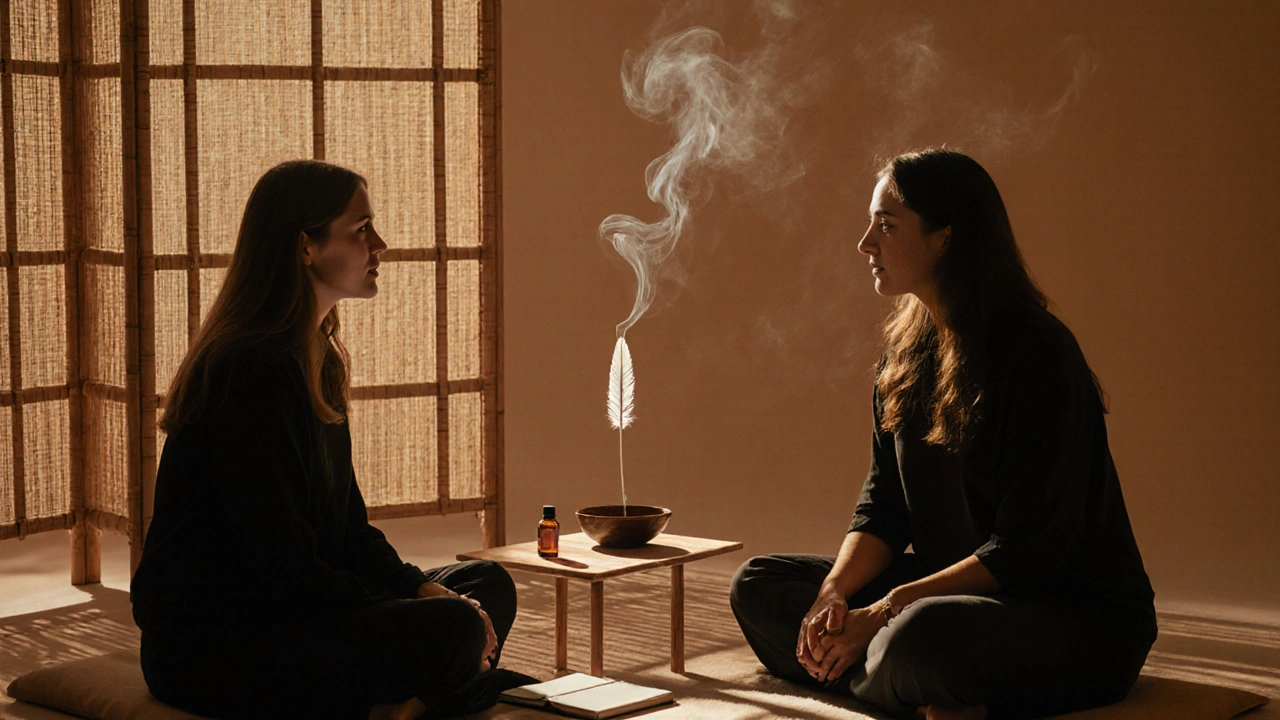 Masérka a klient hovoří tichou konverzaci v klidném prostředí s přírodními detaily.