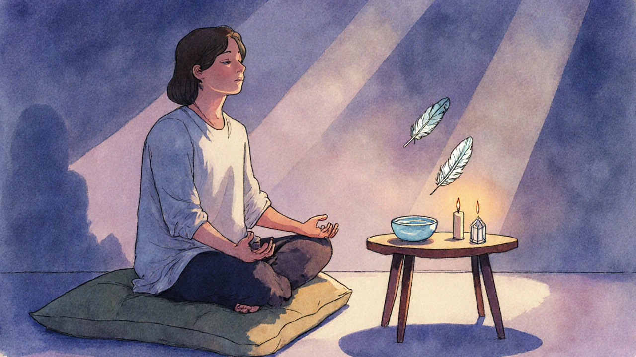 Osoba meditující v klidné místnosti, kde jedno peříčko klidně klesá k zemi.