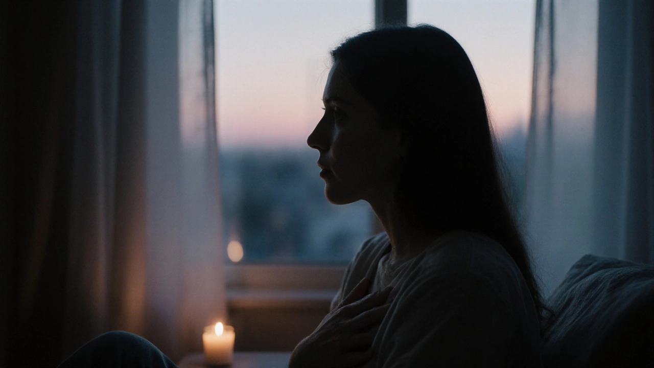 Osoba po masáži sedí u okna ve šero, slzy na tváři, ruka na hrudi, v pozadí svíčka.