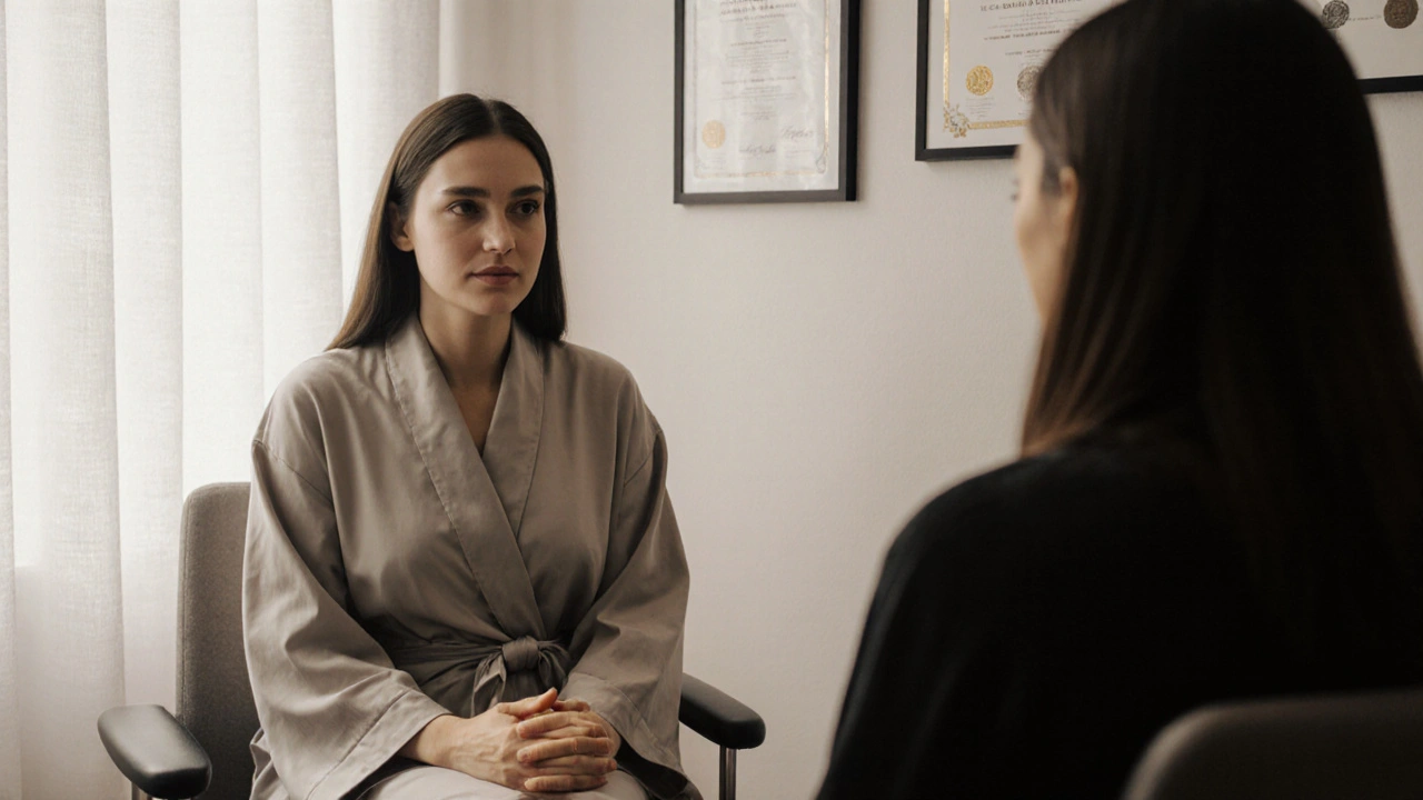 Terapeut a klient v klidné konzultaci před masáží, zaměření na komunikaci a souhlas.