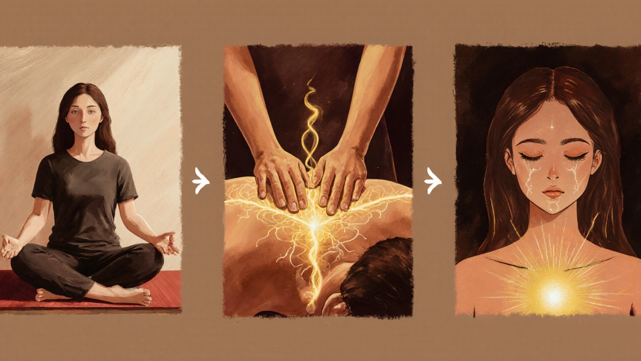 Tři scény znázorňují průběh tantrické masáže: meditace, práce s energií a hluboké uvolnění.