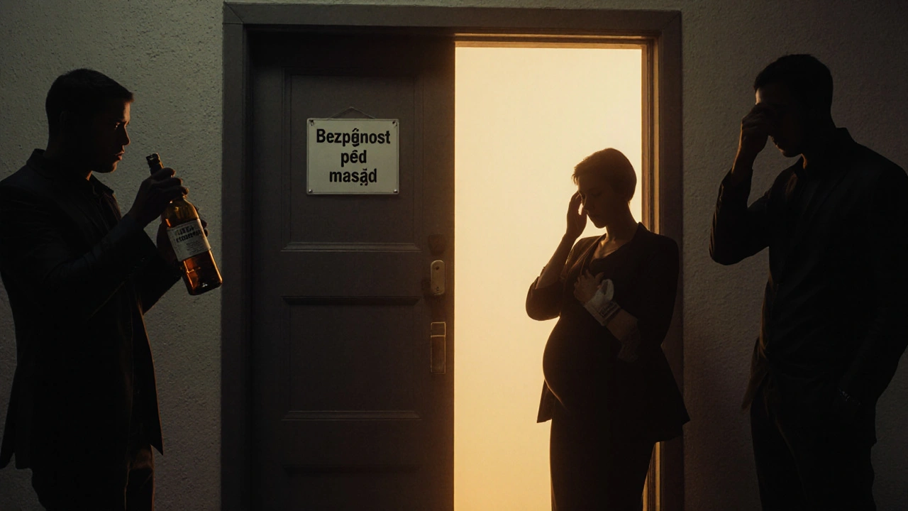 Zavřené dveře s nápisem &#039;Bezpečnost před masáží&#039;, z části otevřené, venku stojí pět postav ve stínu.