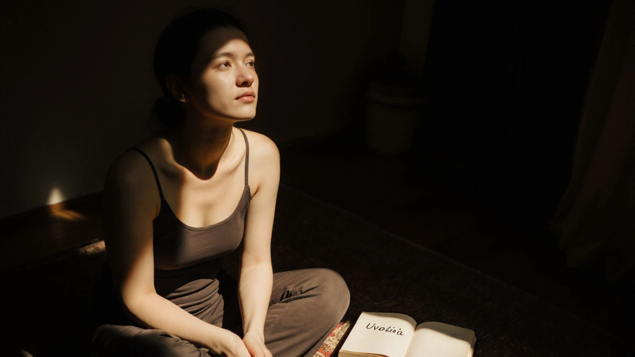 Žena sedí v klidu po masáži, slunce osvětluje její tvář, vedle ní leží otevřený sešit s nápisem &#039;Uvolnění&#039;.