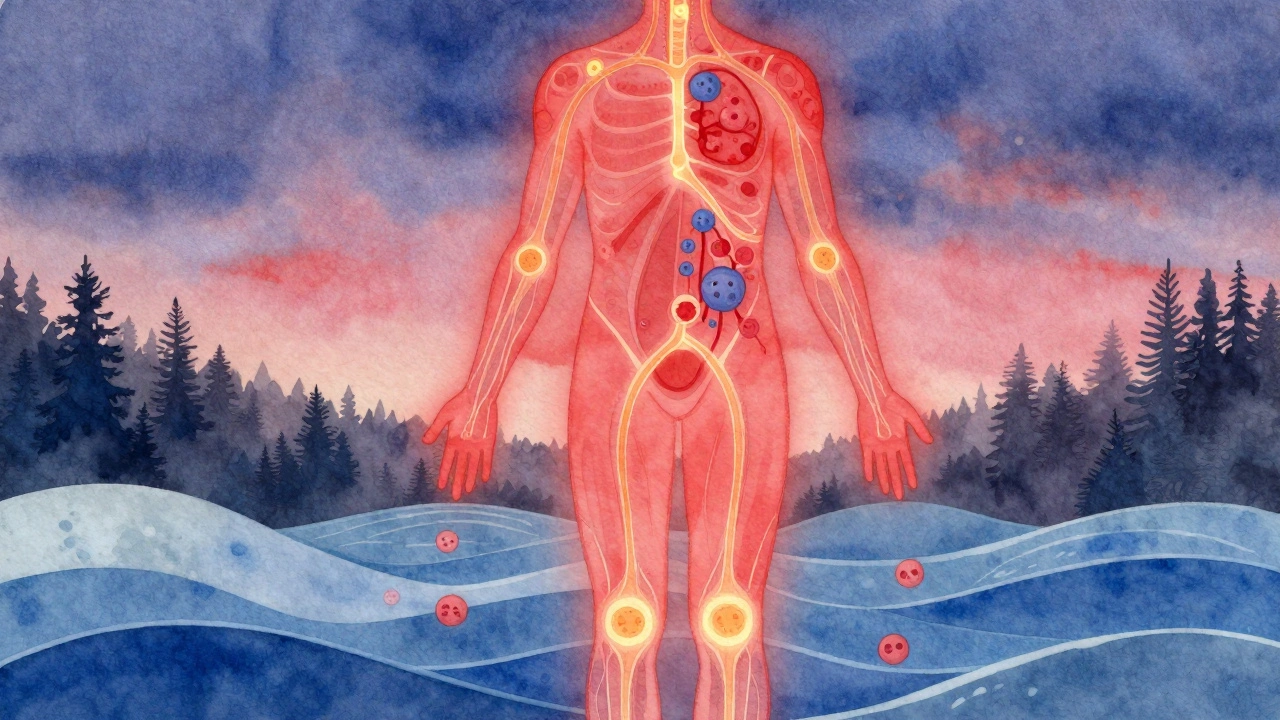 Abstraktní znázornění těla s prouděním lymfy a hormonů, imunitní buňky aktivně bojují proti stresu.