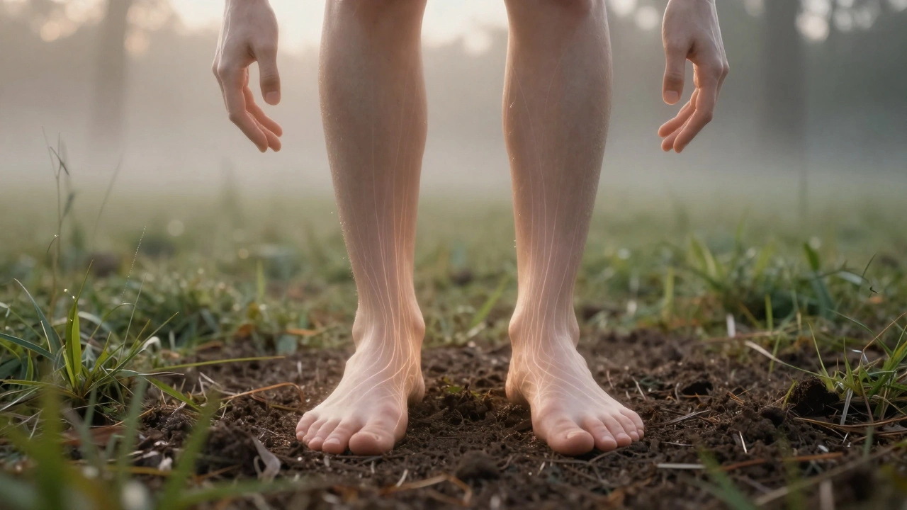 Bosé nohy na zemi, z nich vyrůstají světelné nitky, které se spojují se zemí.