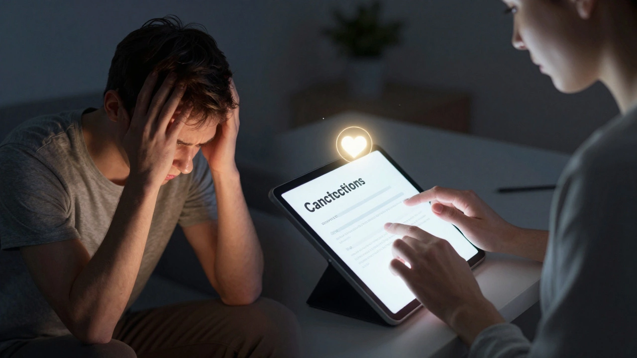 Dvojitý obraz: strach vs. klidná komunikace — člověk, který zrušuje rezervaci s respektem.