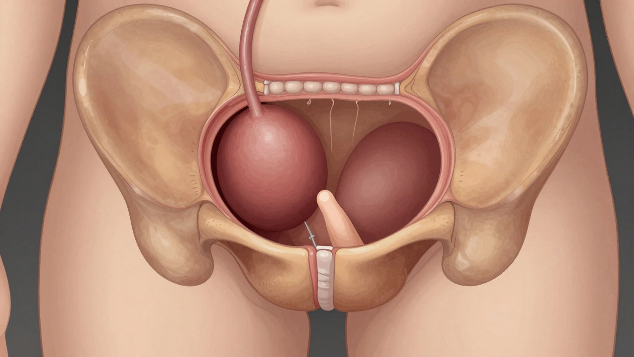 Křížový řez pánve ukazující jemný dotek na zvětšené prostatě u staršího muže.