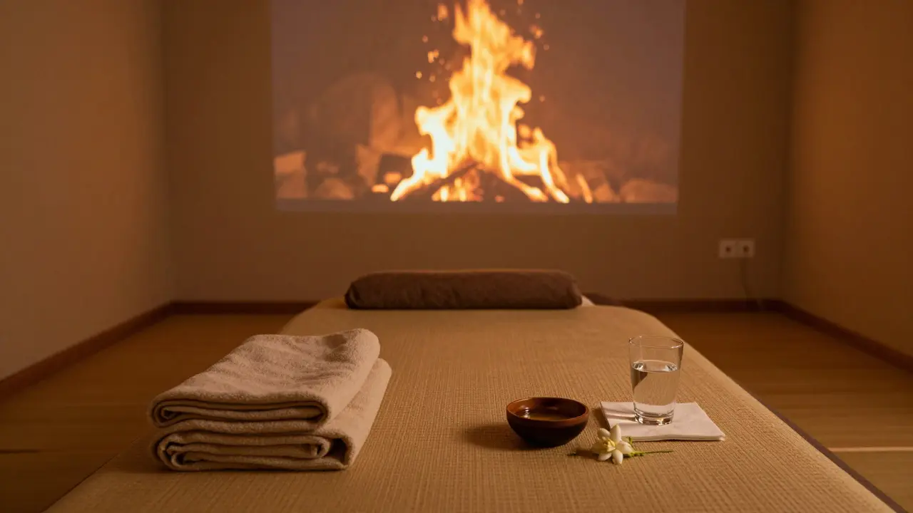 Pokoj připravený pro tantrickou masáž s projekcí ohně, bez techniky a s klidnou atmosférou.