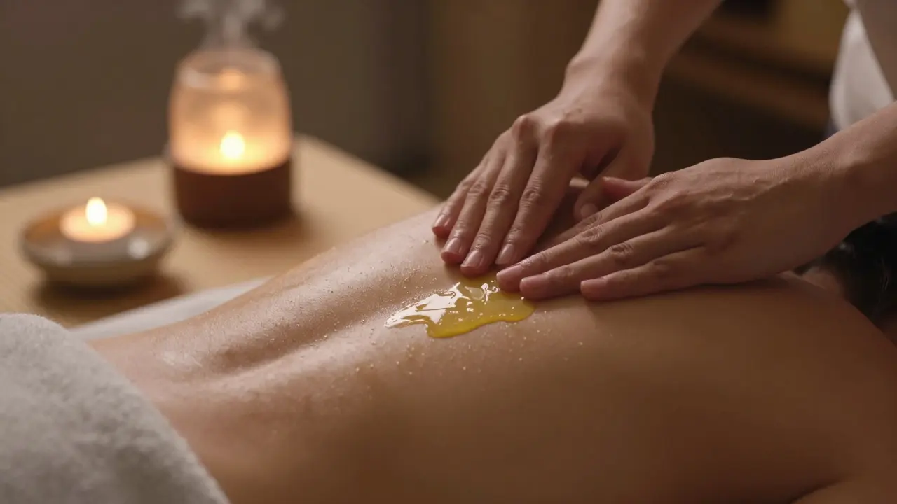 Ruce aplikující teplý olej na rameno na masážní podložce s jemným osvětlením.