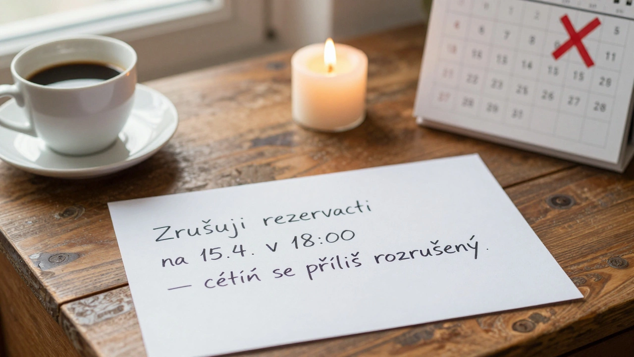 Rukou psaný email na dřevěném stole s upozorněním na zrušení rezervace a svíčkou v pozadí.