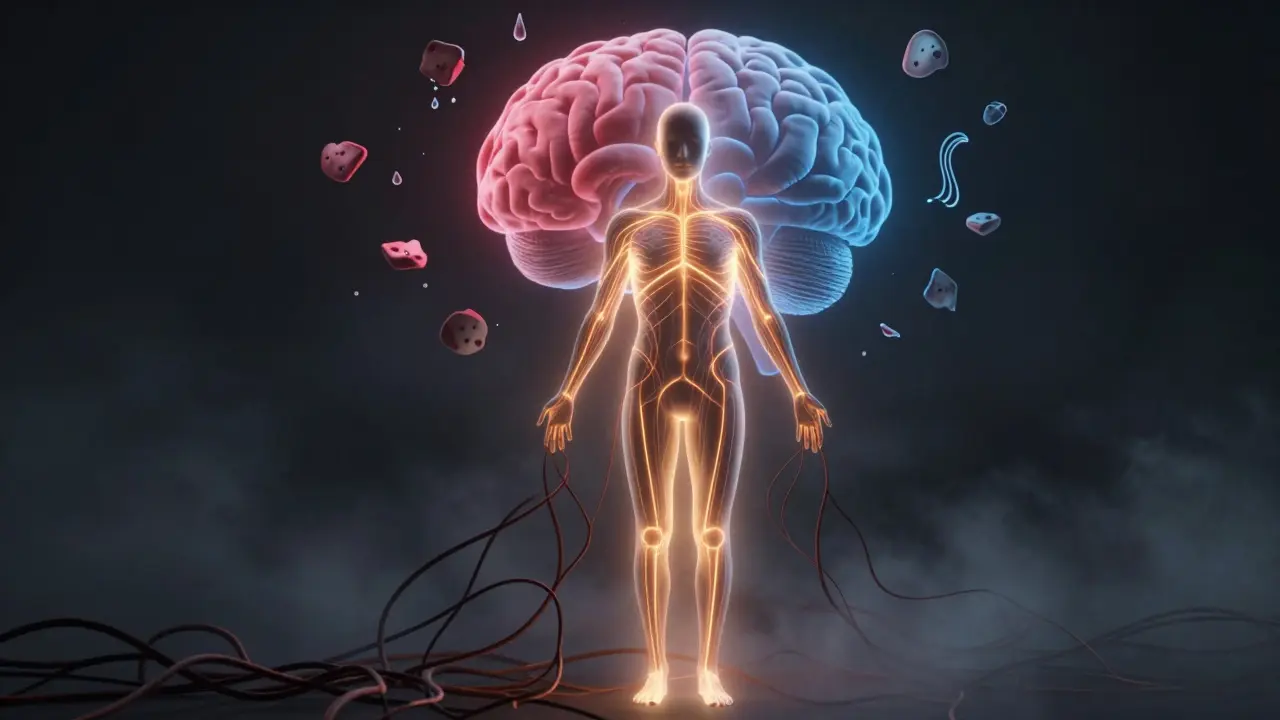 Symbolický obraz člověka s vnitřními světelnými cestami, které rozptylují napětí, zatímco mozek přechází ze strachu do klidu.