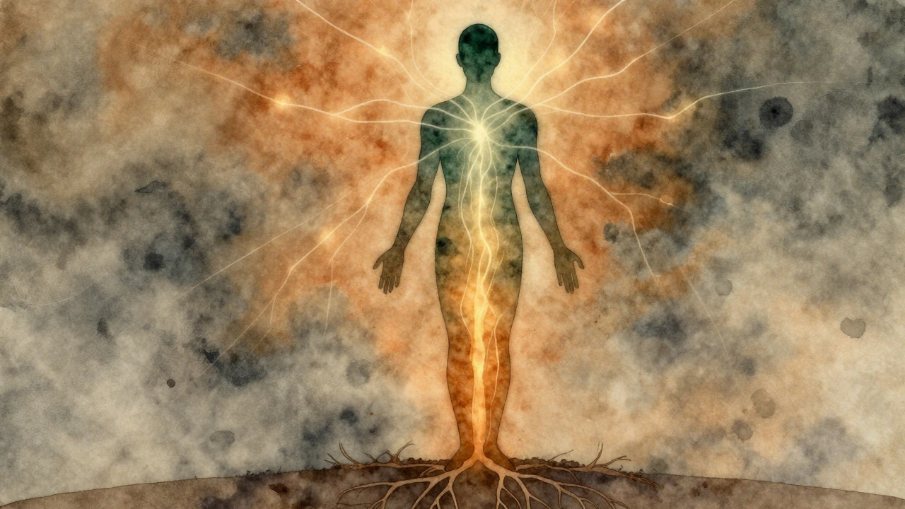 Tělo s proudem energie, který teče z hlavy do země skrze břicho a nohy.