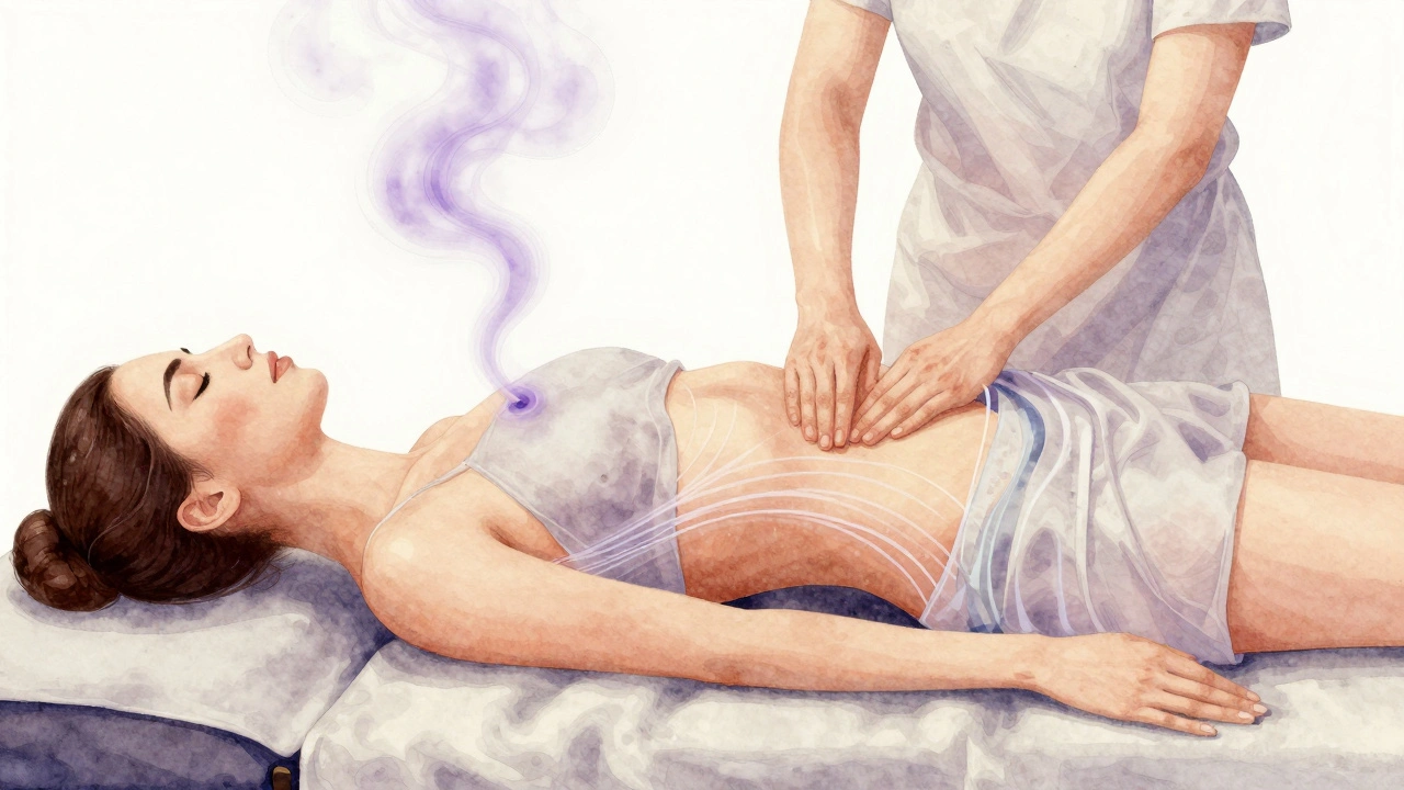 Woman receiving tantric and Nuru massage with energy lines connecting heart to pelvis in soft watercolor style.