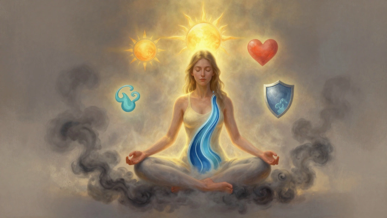 Žena v meditaci je obklopena symboly obnovy, imunity a klidu, šedé mraky stresu se rozptylují kolem ní.