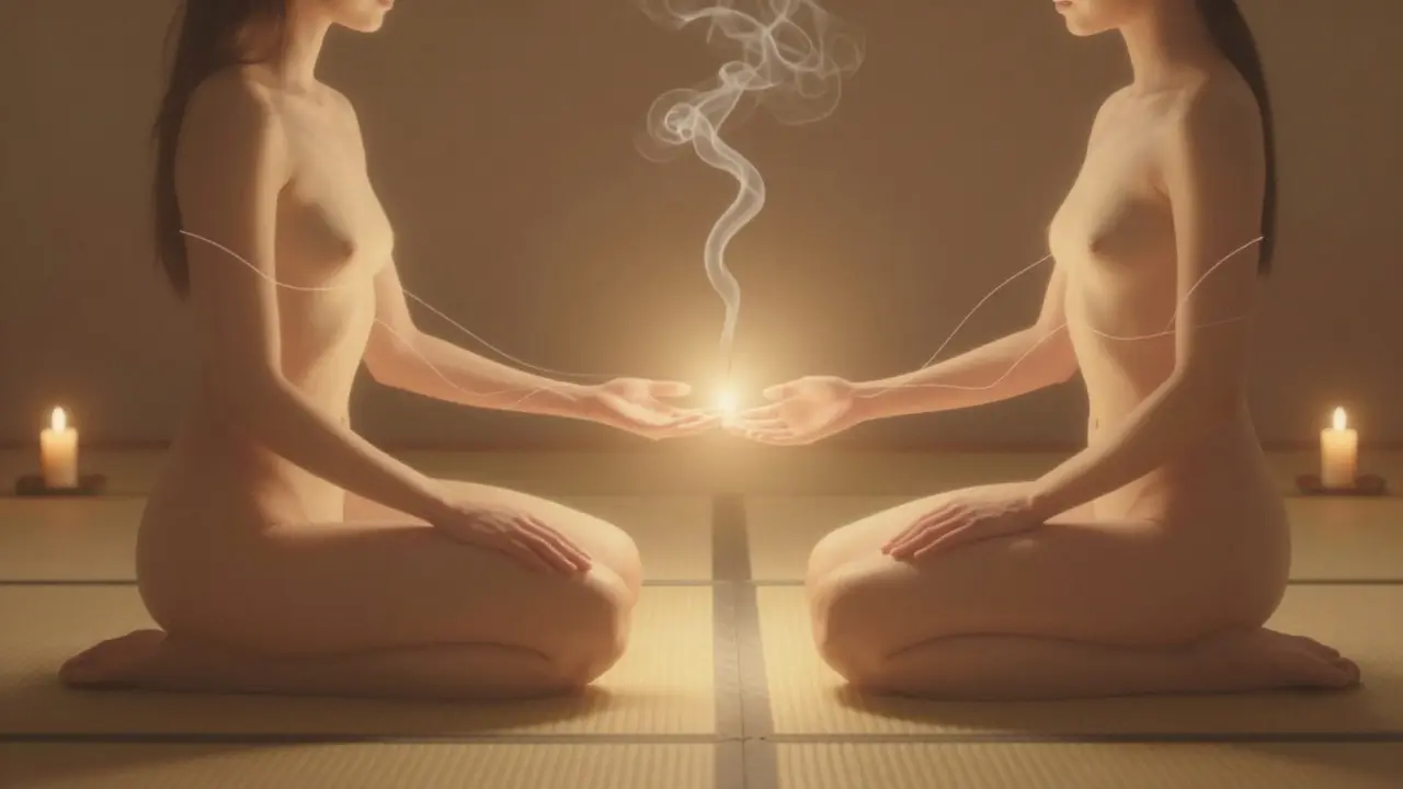 Dva lidé sedí čelem k sobě v klidné místnosti, provádějí tantrickou masáž s jemným dotykem.