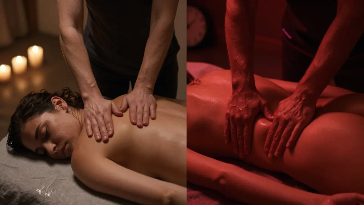 Kontrast mezi tantrickou a erotickou masáží: klidná přítomnost versus rychlá stimulace.