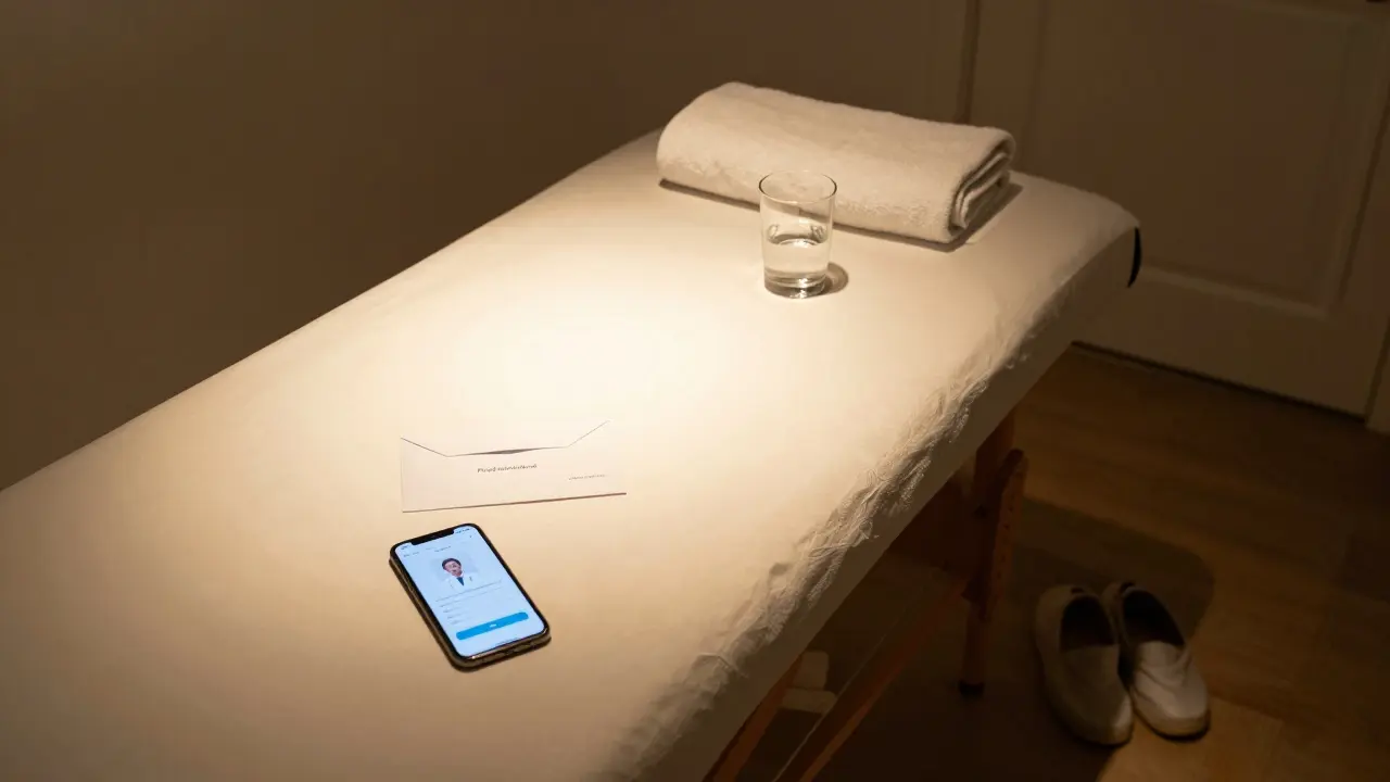 Prázdná masážní lůžka s ručníkem, sklenicí vody a uzavřenými dveřmi, na podlaze obuv a lékařská příhláška.