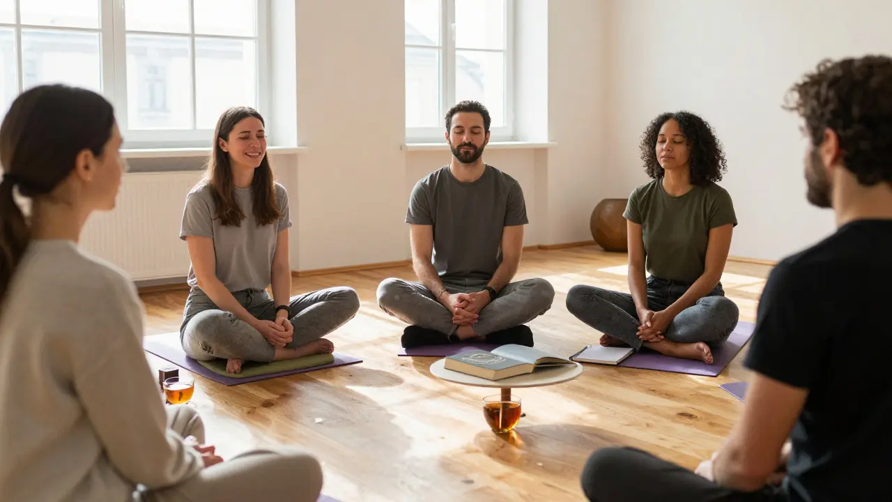 Skupina lidí po tantrickém workshopu — klidně sedí v kruhu, prožívají klid a emocionální uvolnění.