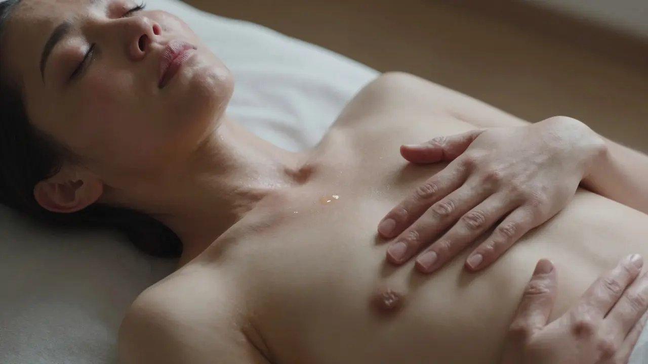 Žena po tantrické masáži, oči zavřené, ruka na srdci, prožívá hluboký vnitřní klid.