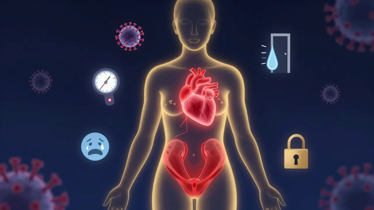 Zlatý kontur lidského těla s červenými varovnými zónami nad srdcem, břichem a pánví.