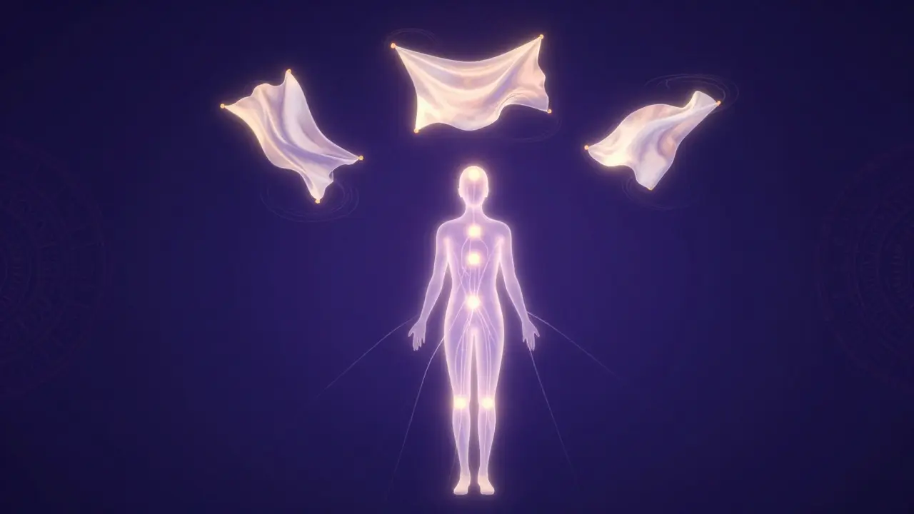 Abstraktní znázornění energie v těle s teplými body reprezentujícími čakry.