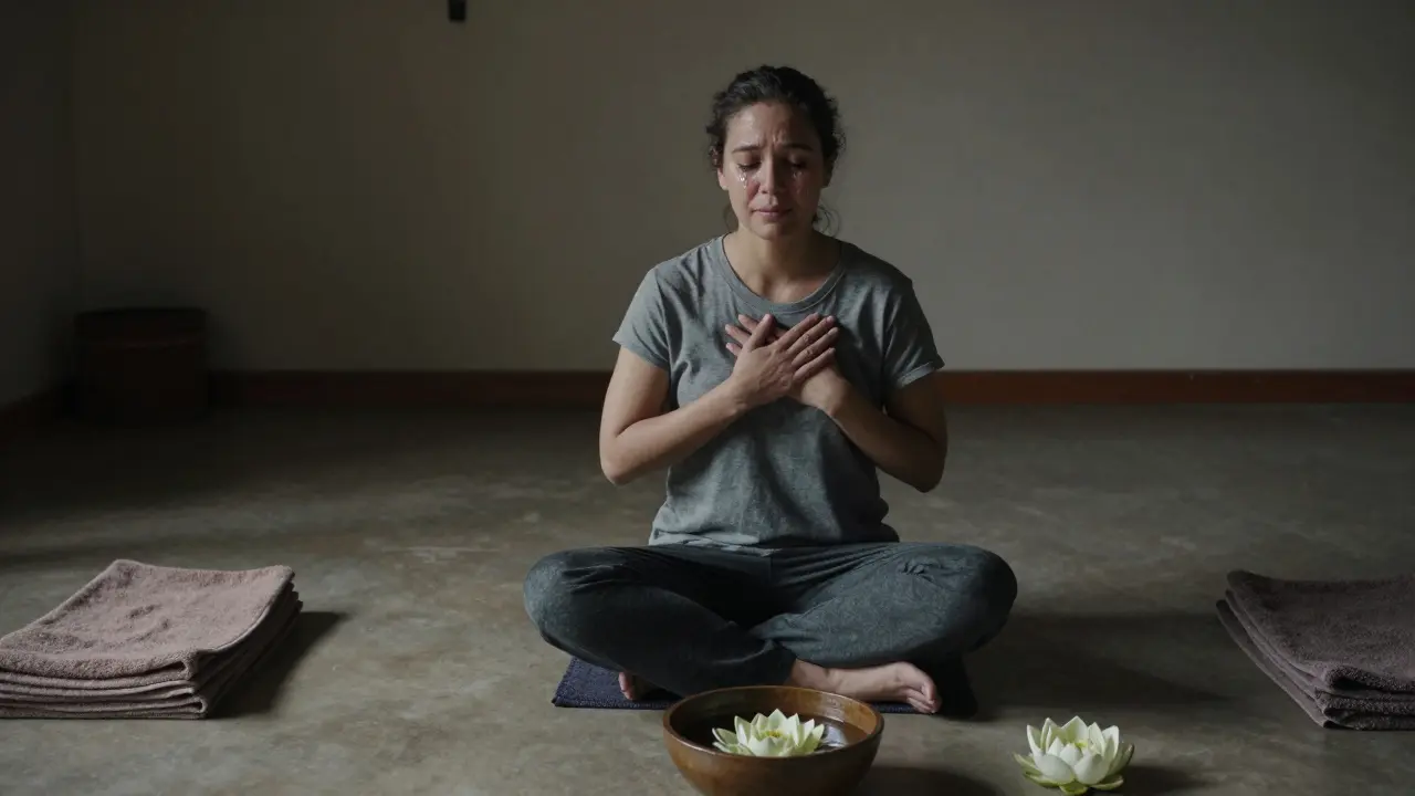 Client sitting in quiet reflection after a deep tantric massage, tears of release on their face.