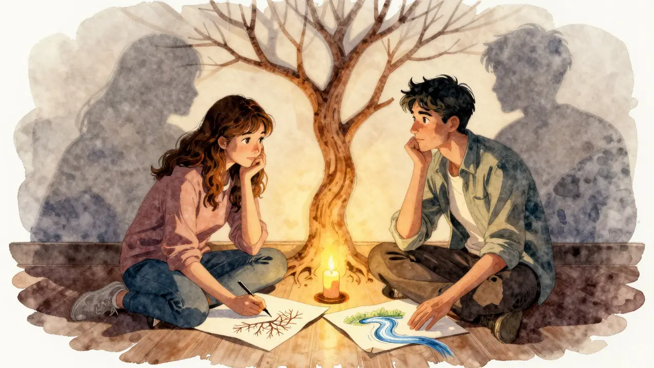 Dvojice kreslí obrazy – jeden ohnivý strom, druhý vodu – v tichém, osvětleném prostoru.