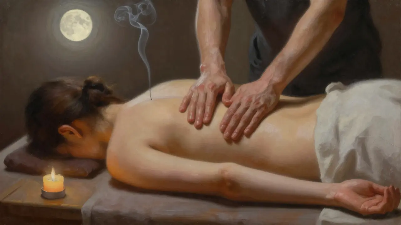 Hands gliding softly along the spine and pelvis during a sacred, non-sexual tantric massage session.