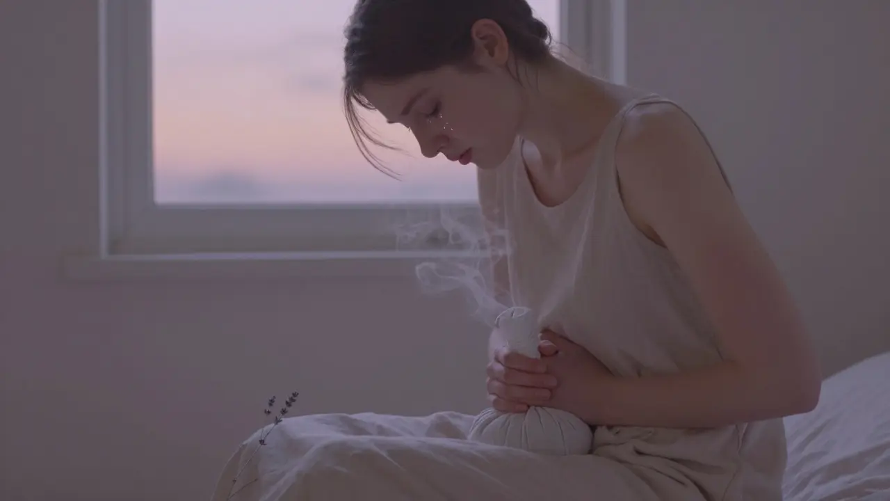 Osoba drží teplý kompres na břiše, slzy na tváři, jemný parní efekt a večerní světlo za oknem.