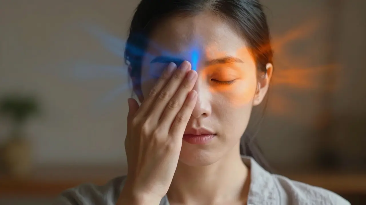 Osoba provádí střídavé nosní dýchání s vizualizací chladné a teplé energie.