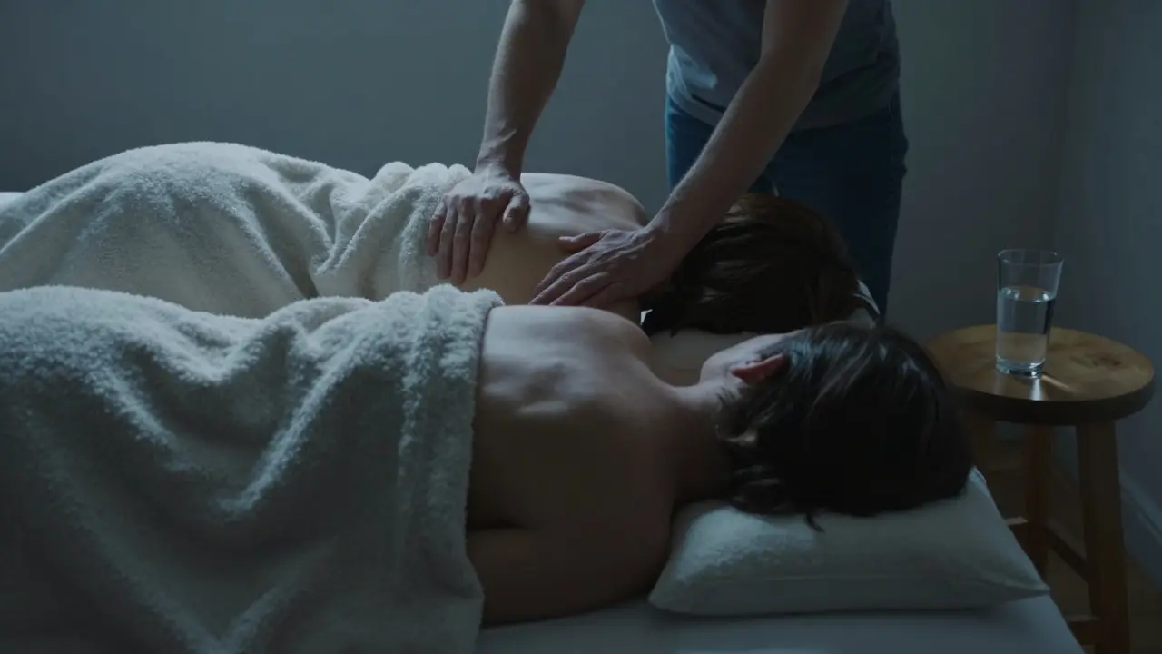 Pár leží pod dekou po masáži, jedna ruka jemně klade na rameno druhého — bez slov, jen přítomnost.