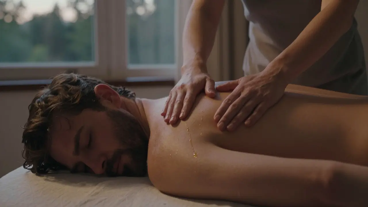 Žena pomalu masíruje záda partnera oběma dlaněmi v klidném, meditativním tempu.