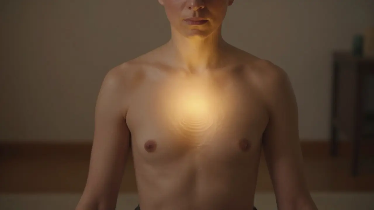 Žena sedí s očima zavřenými, zlatý zářivý bod nad srdcem ukazuje zadržený dech.