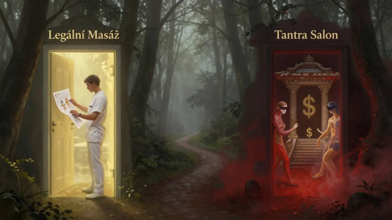 Dvě cesty: jedna k legální masáži s licencí a anatomickými diagramy, druhá do tajemného 'tantra salonu'.