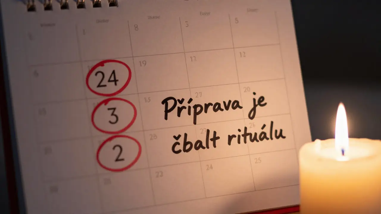 Kalendář s třemi označenými daty a citátem 'Příprava je část rituálu'.