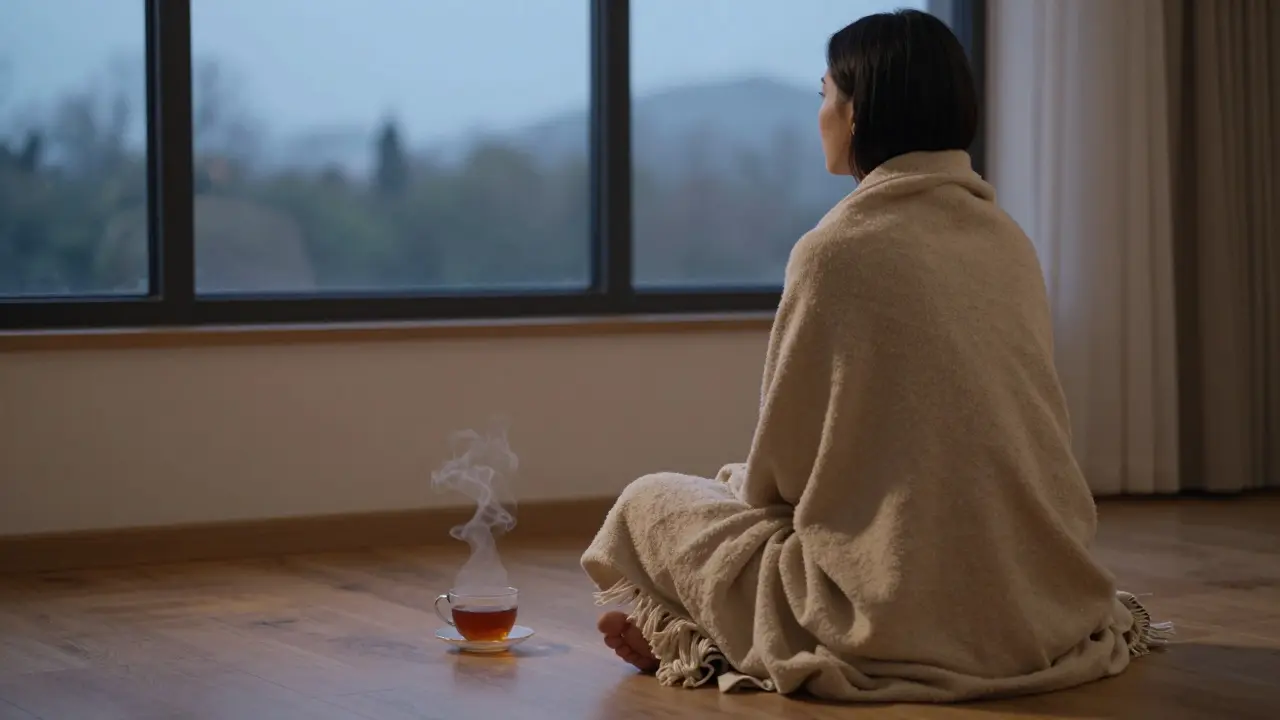 Klient sedí v klidu po masáži, zabalena do plánky, dívá se do večerního světla — symbol klidu a vnitřního spojení.