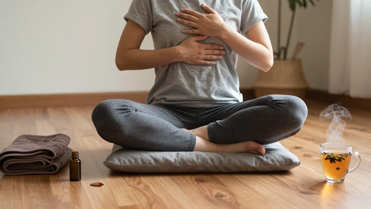 Osoba po tantrické masáži sedí v meditativní pozici, tichá a připojená k sobě, s teplou čajovou šálkou poblíž.