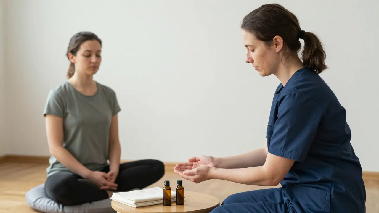 Terapeutka ohřívá olej před masáží, klient sedí klidně s očima zavřenými.